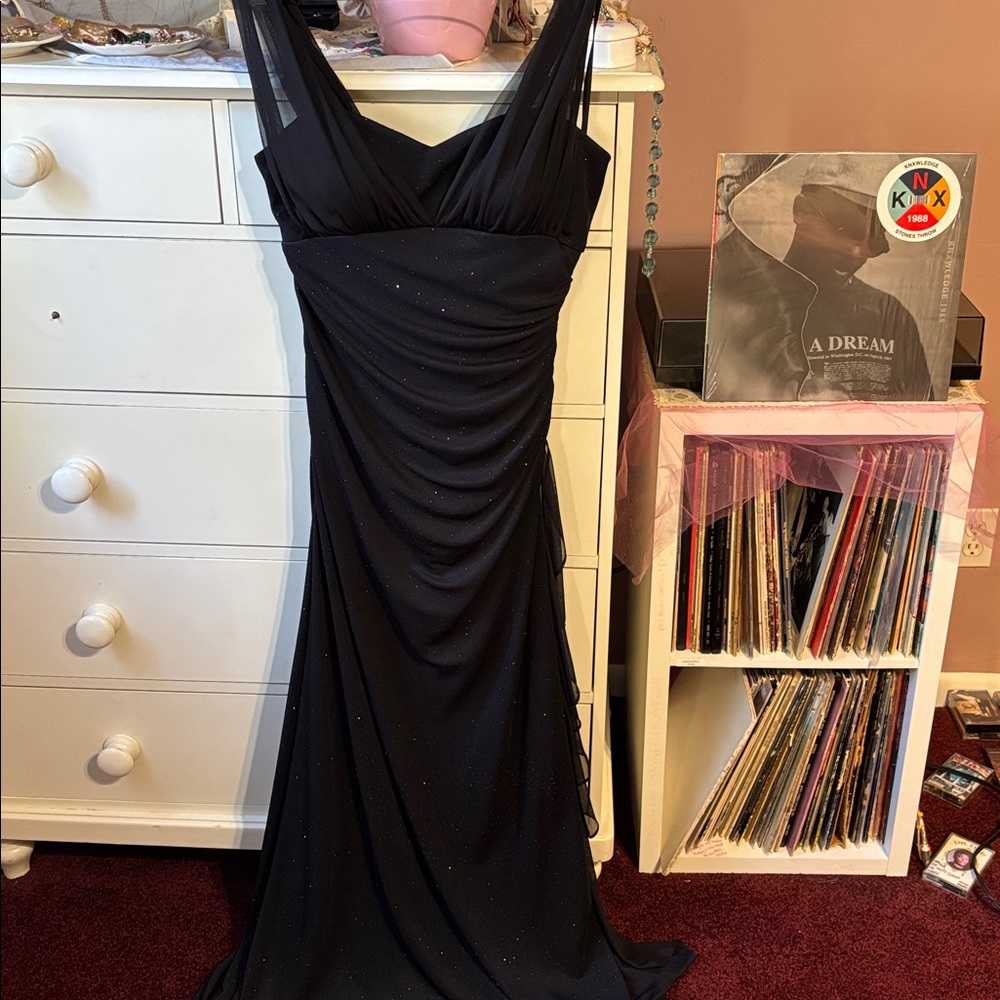 Y2K Vintage Black Long Ruffle Maxi Dress Glitter Gown Goth Full Evening 12 Large